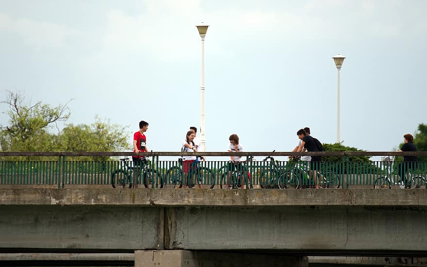 bro, människor, cykel, sjö, parkera, underhållning, unga människor, cyklister