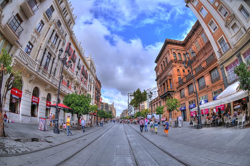 Street, City, Seville, Architecture, Cityscape, Europe, Mansion, Spain, Shops, famous place, city life