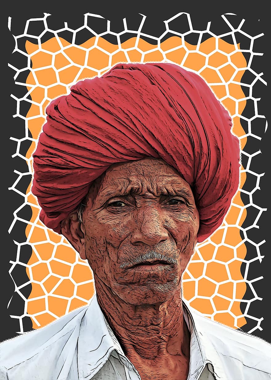 Indiaas, man, mannetje, tulband, oude man, Indiase man, Indië, portret, menselijk, hoofd, fotokunst