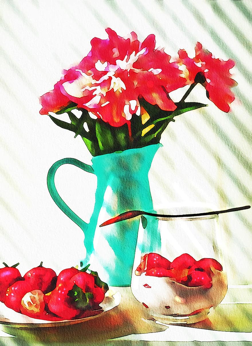 Watercolor, Floral, Still Life, Vase, Flowerpot, Letters, Book, Watercolour, Nature, Painting, Bouquet