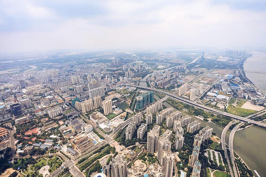 город, городской, антенна, на открытом воздухе, Гуанчжоу, Гуандун