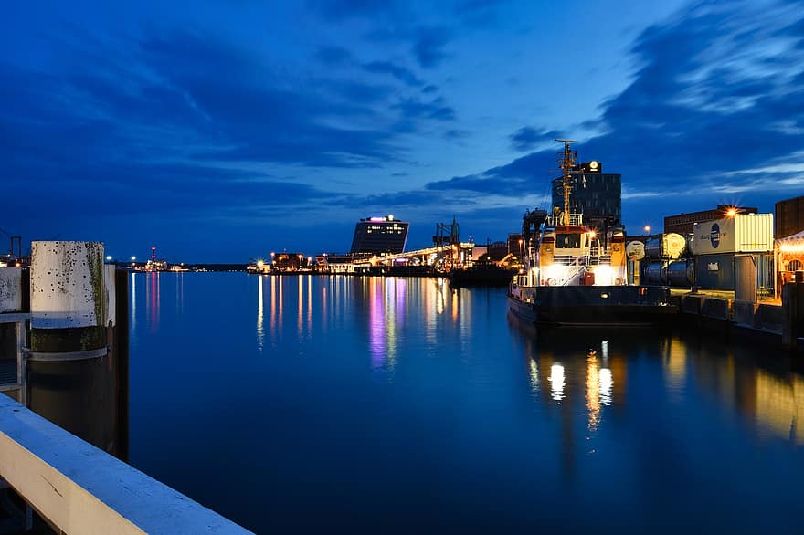 Kiel havn, skip, kveld, lys, refleksjon, bukt, hav, vann, havn, skumring, natt