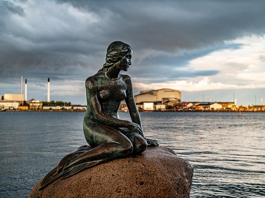 Копенхаген, Дания, Малката русалка, статуя на русалка, статуя, море, паметник, Дами, вода, скулптура, религия
