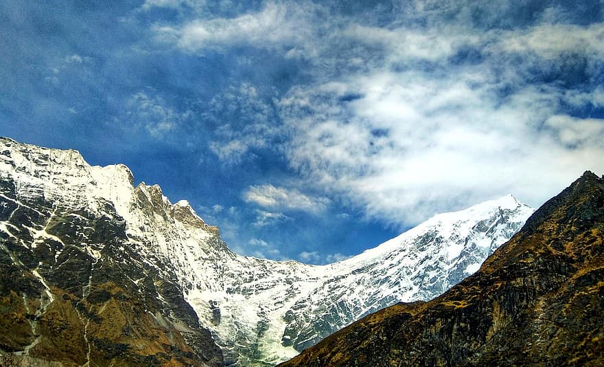 Himalayas, bergen, top, sneeuw, hemel, wolken, bergketen, landschap, natuur, Nepal, Langtang