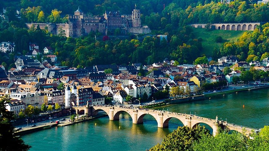 Heidelberg, bro, flod, by, Tyskland, Odenwald