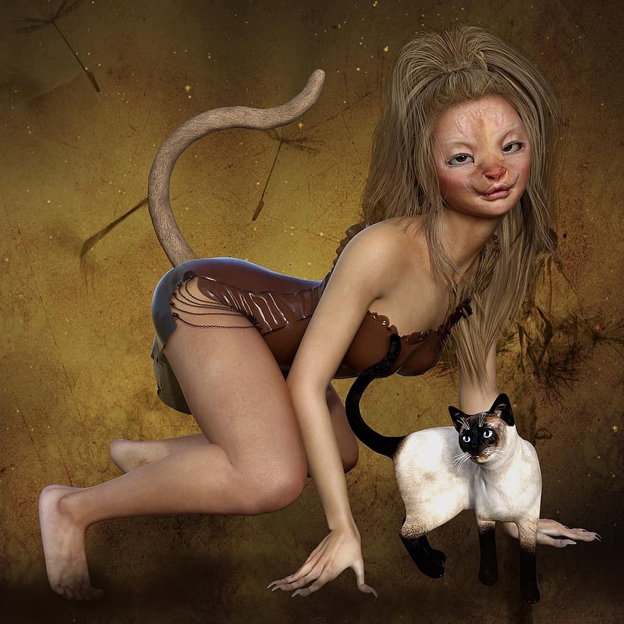 katė, moteris, fantazija, skumbrės, kailiai, portretas, galvos brėžinys, plaukai, naminių gyvūnėlių, dėmesį, pūkuotas