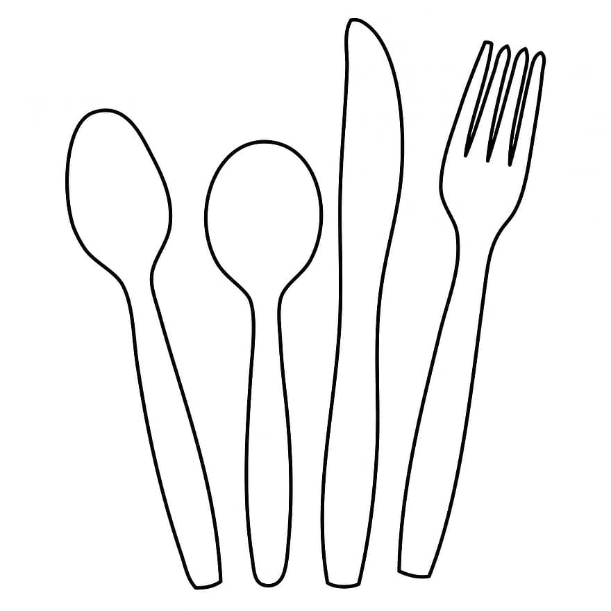 alat makan, pisau, garpu, sendok, garis besar, bentuk, seni, logo