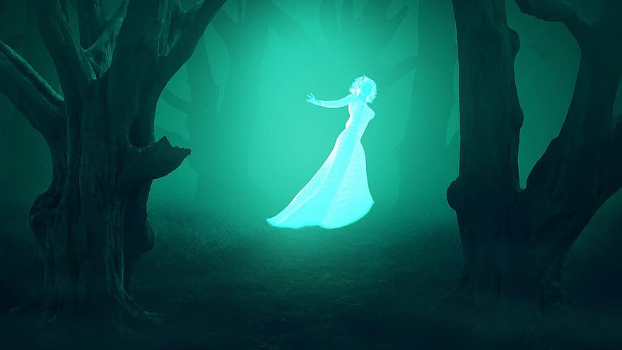 зелений, ліс, ніч, туман, жінка, дівчина, привид, містичний, стежка, через, заклинання