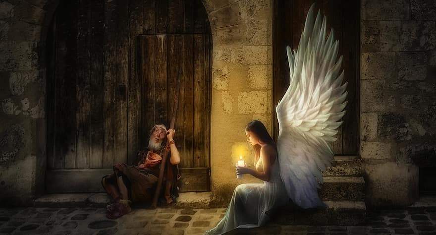 ángel, mendigos, vela, ligero, alas, Navidad, amor, adviento, ilustración, calor, luz de una vela