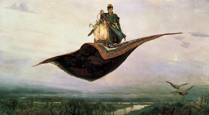 príncep, aladdin, catifa voladora, catifa màgica, viktor, Vasnetsov, Conte de fades, nits àrabs, fantasia