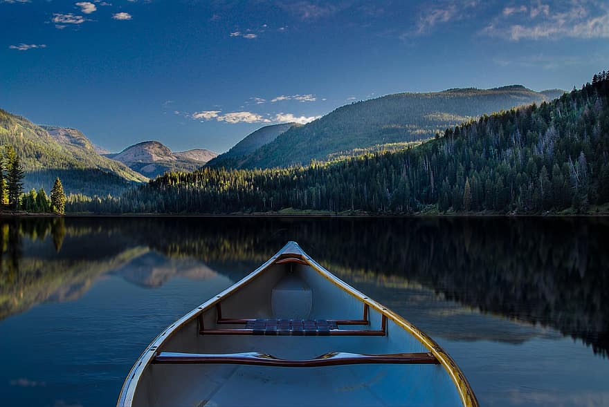 canoe, lac, răsărit, zori de zi, munţi, reflecţie, apă, sticlă, natură