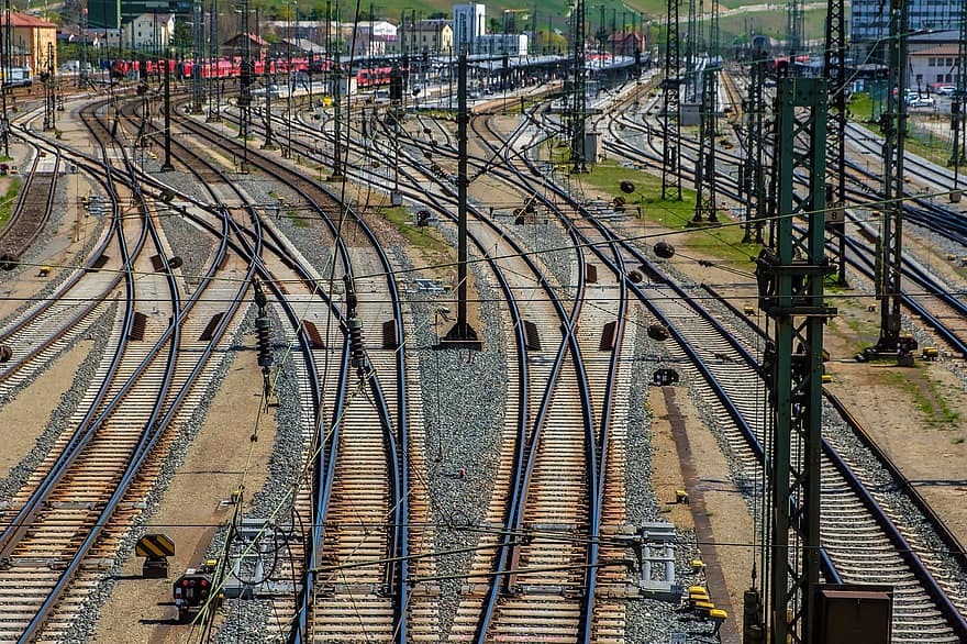 estación, campo de pista, rieles, estacion Central, Würzburg, ferrocarril, rieles de ferrocarril, sistema de seguimiento, entrenar, viajar, paisaje
