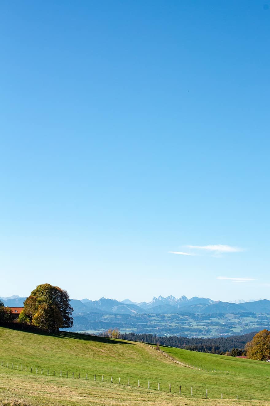 pemandangan, gunung, padang rumput, bidang, pegunungan, pedesaan, dataran tinggi, alam, panorama, langit biru, allgäu