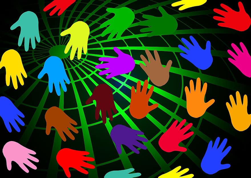 mains, vert, grade de longueur, vague, cercle, monde, continents, globe, coloré, la communication, communauté