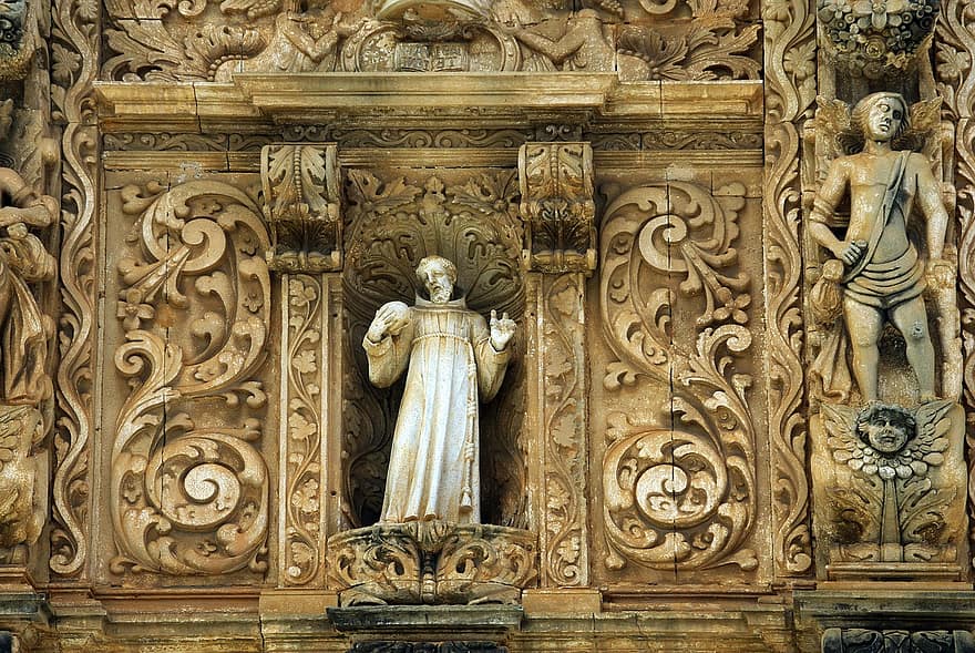 statuja, fasāde, Sanfrancisko baznīca, Bahia, Brazīlija, skulptūras, kristietība, reliģiju, arhitektūra, slavenā vieta, kultūras