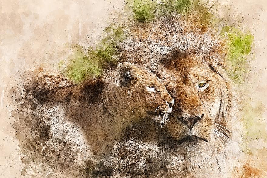Lion, Lioness, Wild, Art, Watercolor, Vintage, Cat, Animal, Emotion, Abstract, Artistic