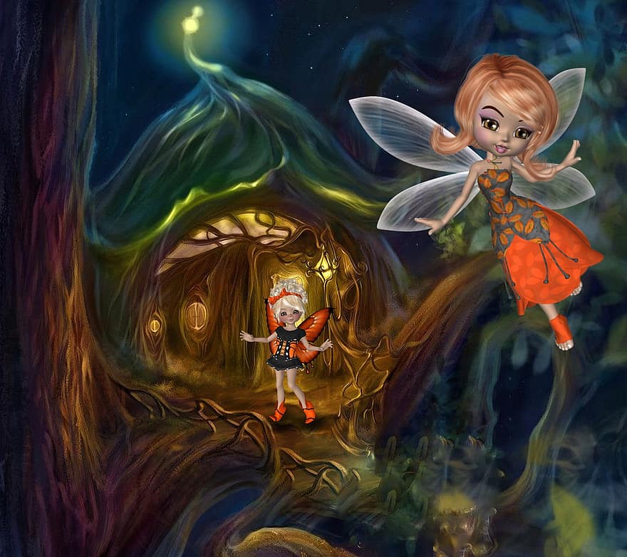 Background, Woods, Tree House, Mystical, Fairys, Fantasy, Female, Character, Digital Art