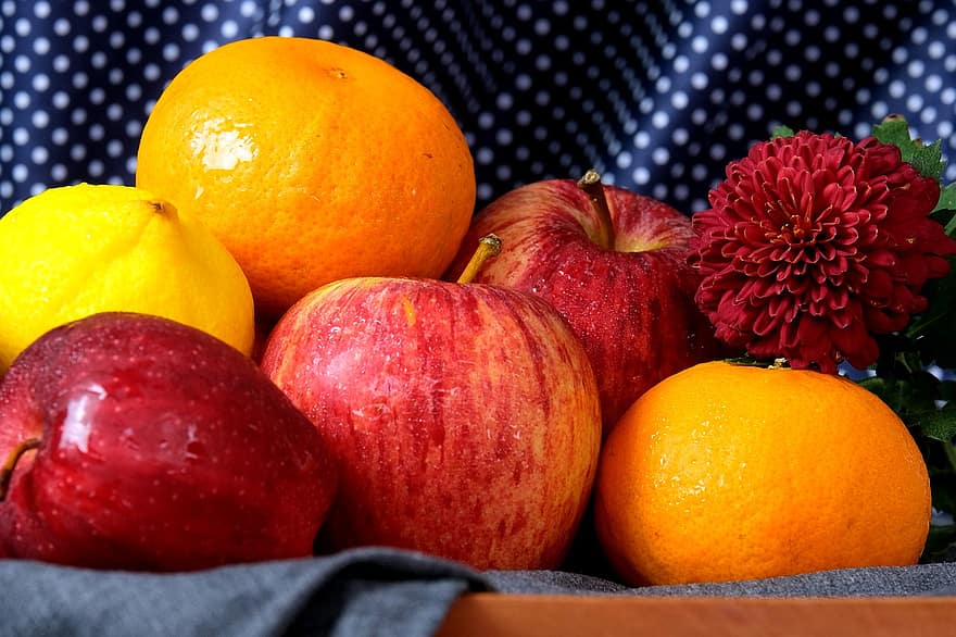 frukt, blomma, fortfarande liv, orange, äpple, citron-, krysantemum, mat, organisk, producera, hälsosam