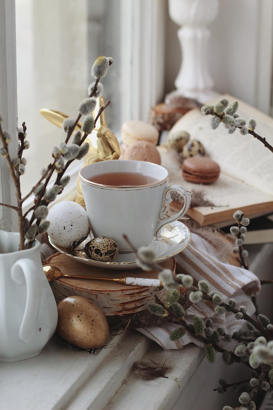 Spring, Tea, Easter, Egg, Flower, table, wood, food, coffee, drink, close-up