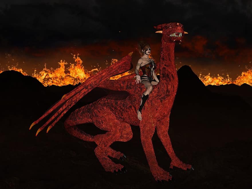 дракон, червонуватий, жінка, вогонь, темний