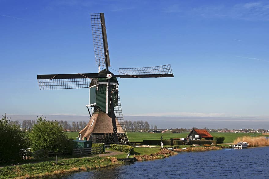Wip-Mühle, post mill, Niederlande, Südholland, Fluss, Natur, ländliche Szene, Windmühle, Bauernhof, Blau, Landschaft
