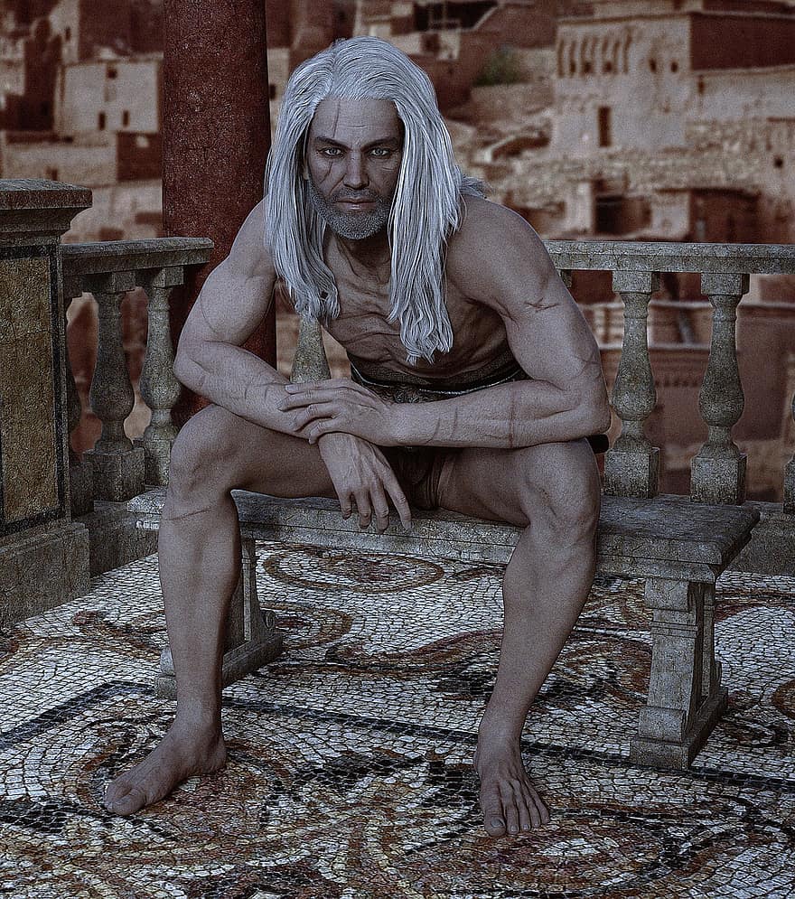muž, bojovník, kamenná lavička, sedící, mužský, dlouhé vlasy, bílé vlasy, jizvy, tělo, odpočinek