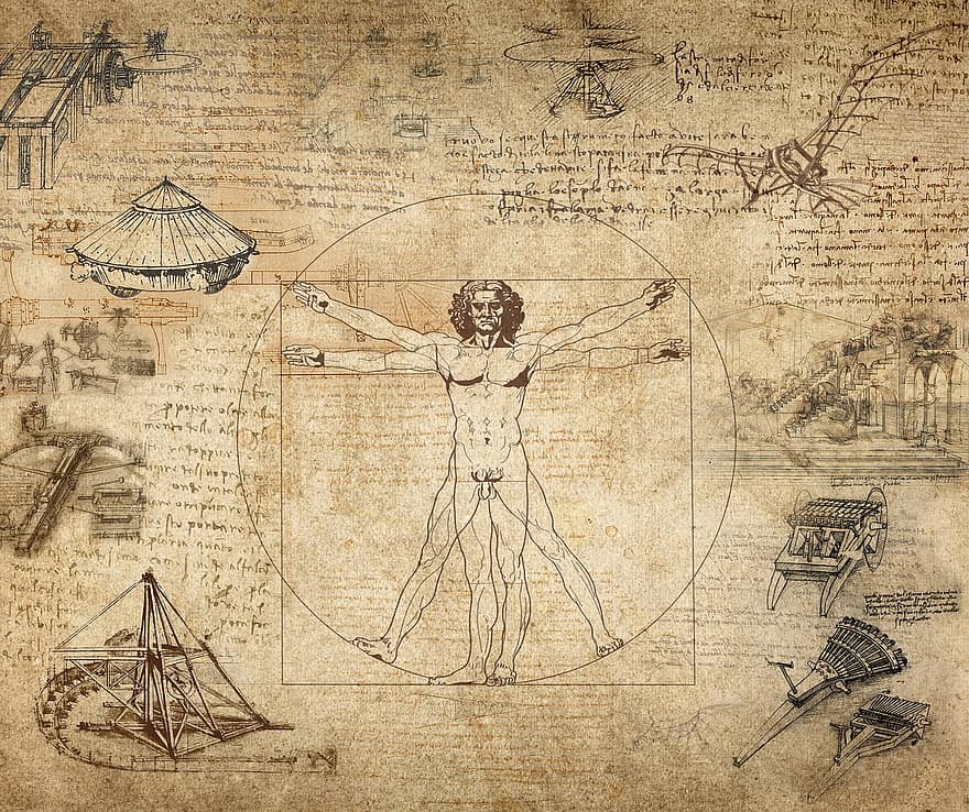 колаж, Леонардо да Винчи, витрувиански човек, работен плот, стар, текстура