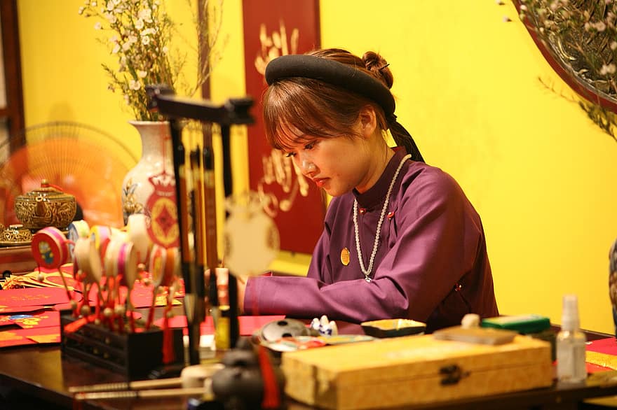 wanita, kaligrafi, Vietnam, ông đồ, Thư Pháp, mesin kaligrafi, budaya, tradisi, gadis, muda, wanita muda