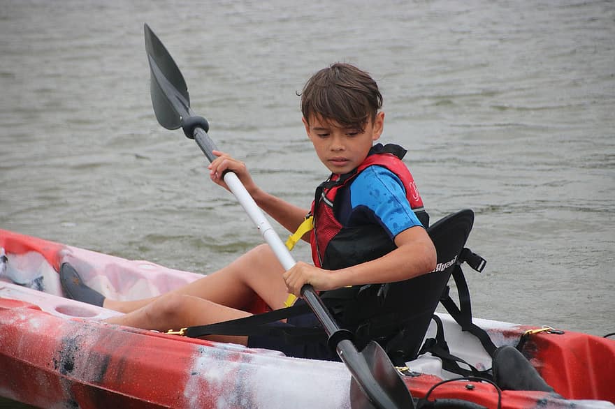 kind, kanoën, kayak, roeien, rivier-, vrije tijd, vakantie
