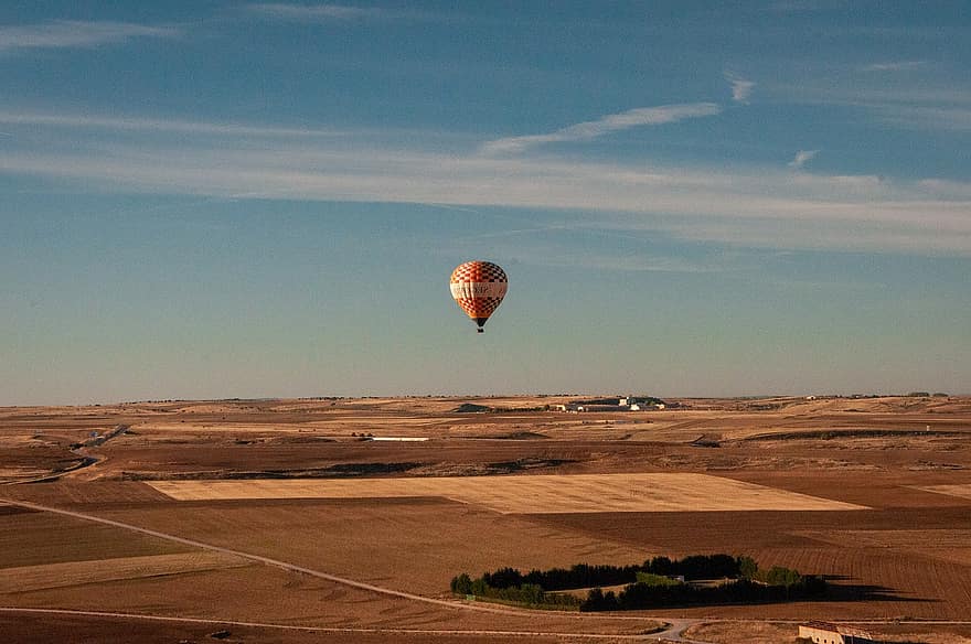 varmluftballon, flyvende, landskab, himmel, skyer, eventyr, udsigt, Segovia, luftfartøj, transportmidler, sommer