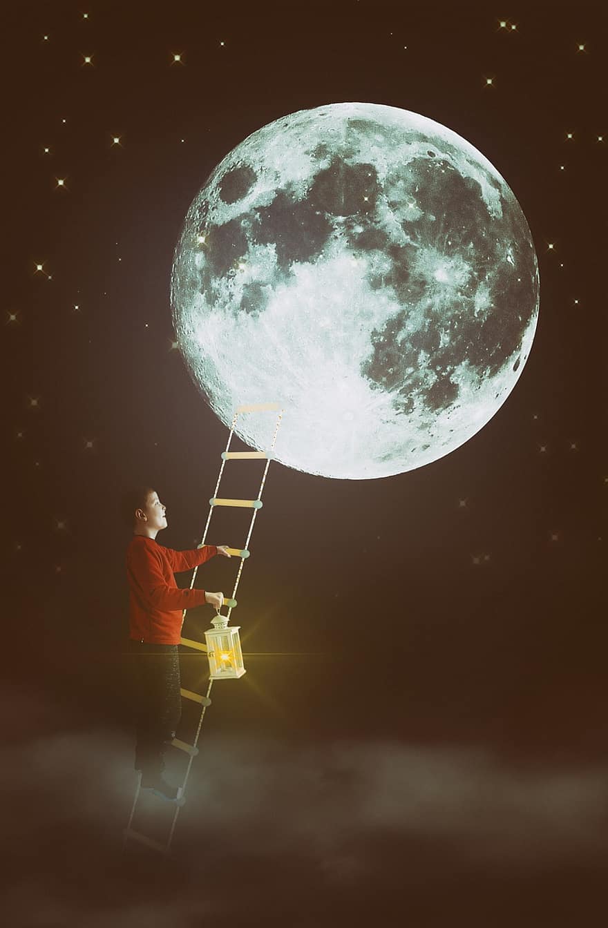 Luna, scala, fantasia, sognare, arrampicata, stelle, nuvole, uomini, notte, uomo d'affari, illustrazione
