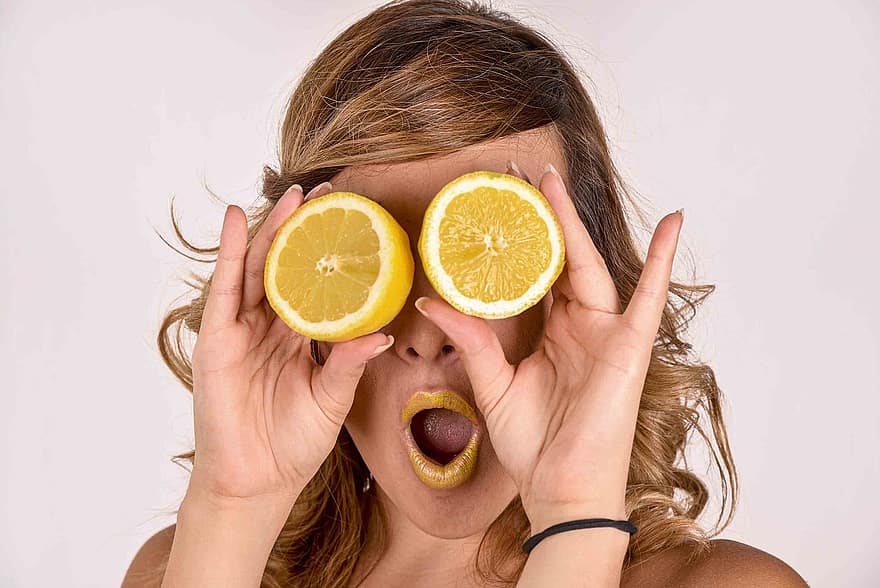 citron, Kvinder, citronsyre, model, gul, skønhed, beundring, mund, hænder, frugt, orange