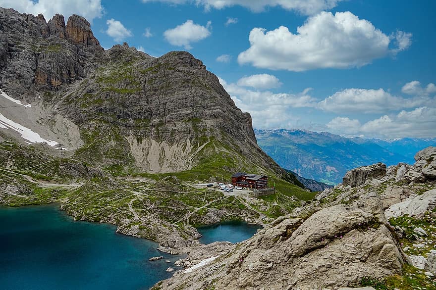 山岳、高山、ドロミテ、湖、小屋、水、ハイキング、風景、オーストリア