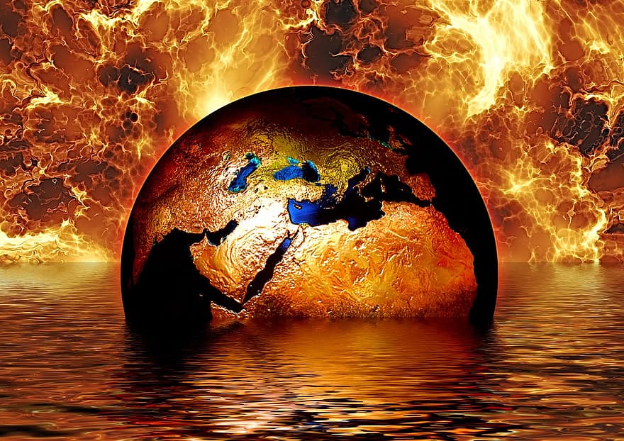 Earth, Globe, Water, Fire, Flame, Brand, Wave, Sea, Lake, Setting, Apocalypse