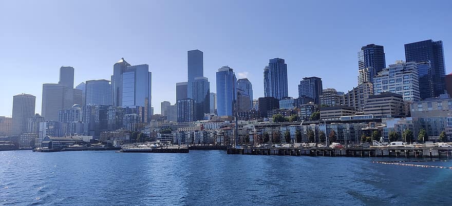 Seattle, πόλη, γραμμή ορίζοντα, θάλασσα, αρχιτεκτονική, αστικό τοπίο, απόγευμα, προκυμαία, ωκεανός, κτίρια, Λιμάνι