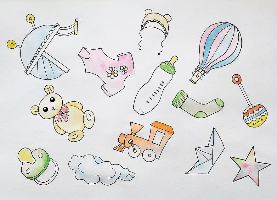 Dětské věci, Dětské doplňky, novorozený, dítě, děti, akvarelu, skica, Pozadí, tapeta na zeď, scrapbooking, mateřství