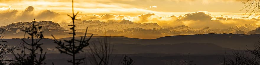 alpino, por do sol, nuvens, arvores, montanhas, cadeia de montanhas, Alpes, Suíça, nascer do sol, montanhas de neve, montanhoso