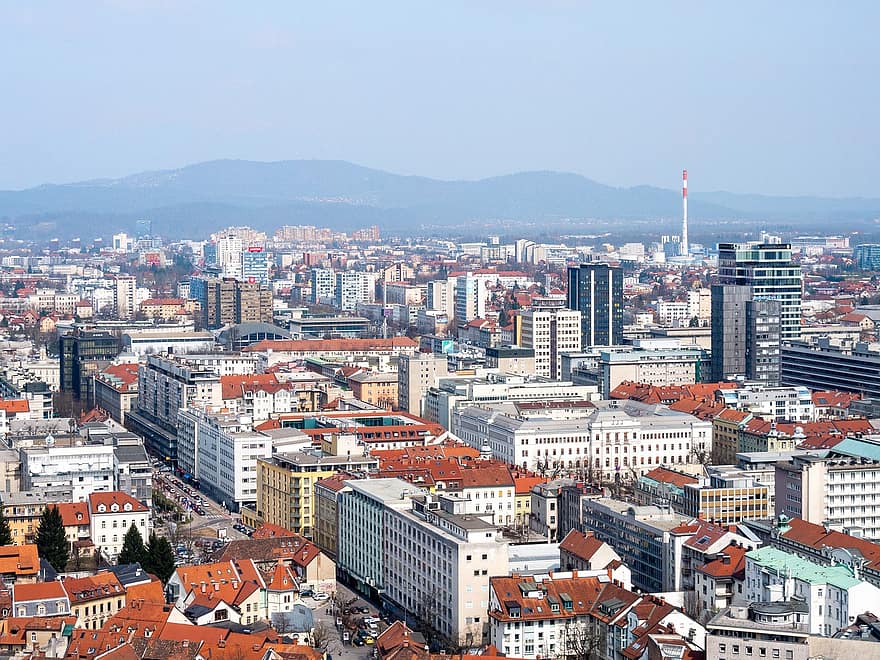 miestas, pastatai, miesto, turizmą, kelionė, Liubliana, slovenia, miesto vaizdą, panorama, architektūra, antenos