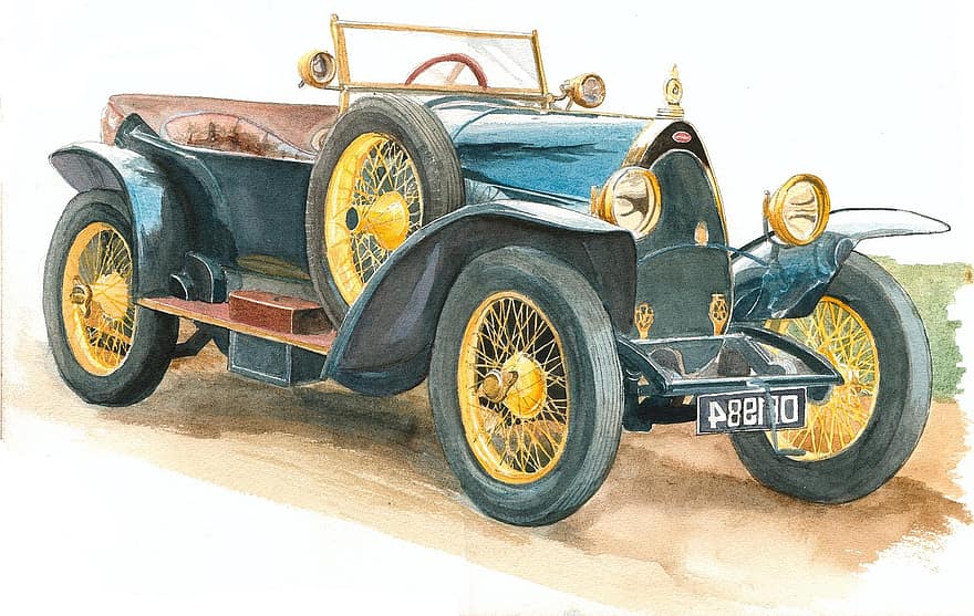 Bugatti, Watercolour, Vetaren, Car, Drawing, Retro