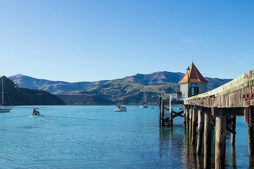 New Zealand, Pier, Beach, Town, Water, Landscape, Sea, Nature, Port, Ocean, Outdoors