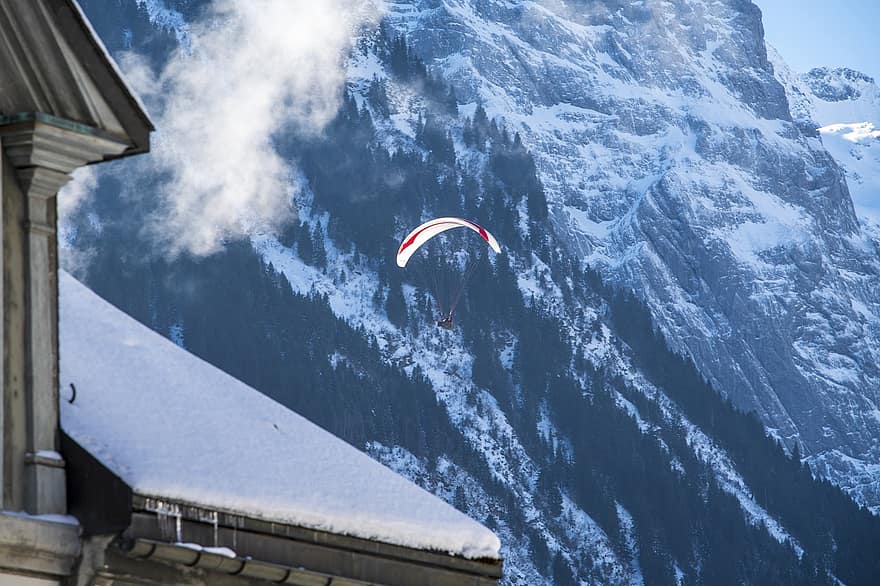 Šveicarija, engelberg, žiemą, sniegas, Ekstremalus sportas, kalnas, Sportas, nuotykius, skraidantis, parašiutu, vyrai