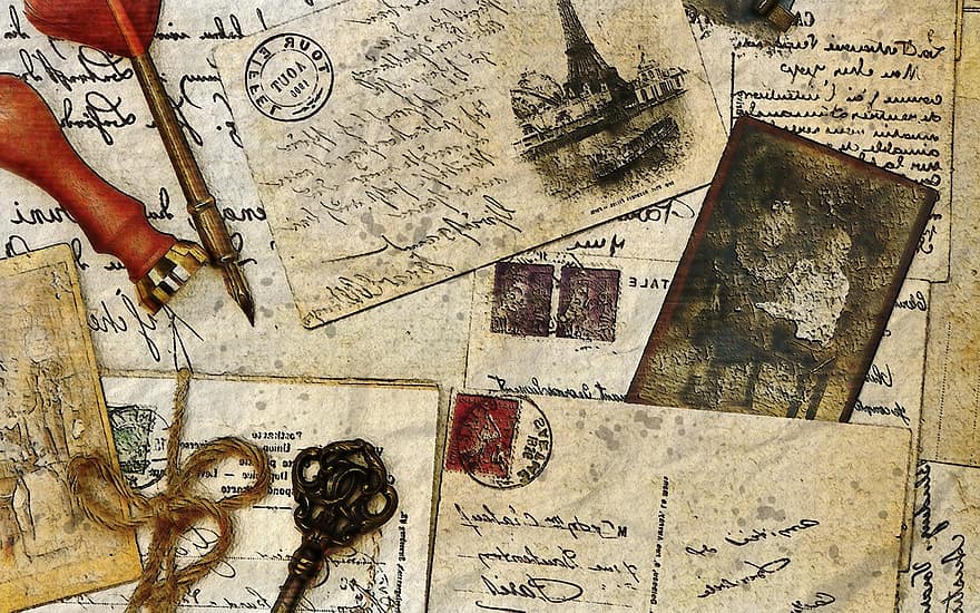 vintage, pos, kartu, surat, pena, tinta, kunci, kenangan, ingatan, tua, klasik