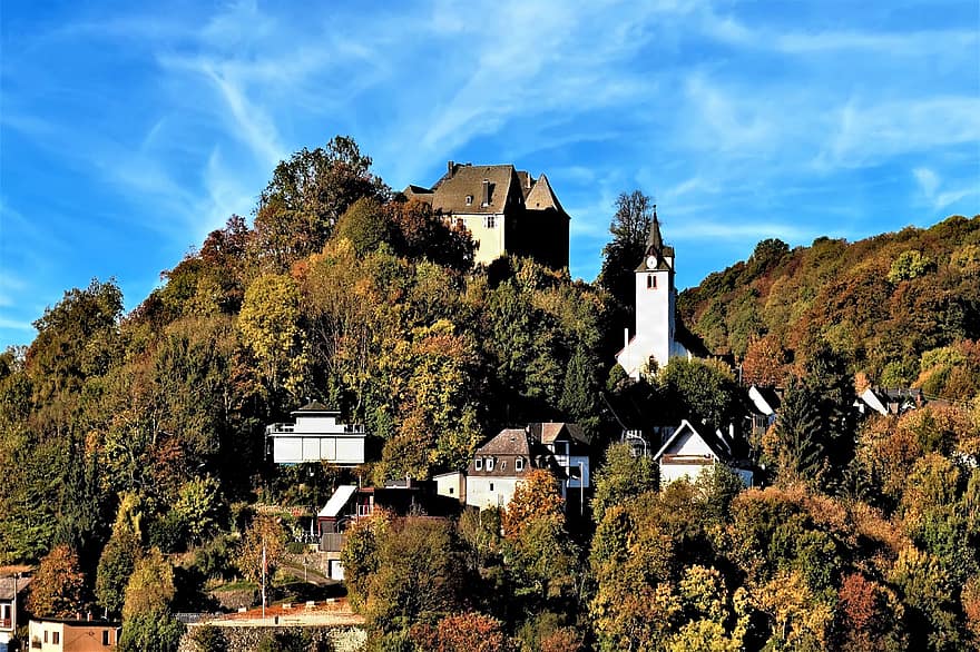 westerburg, nước Đức, thị trấn, đồi núi, các tòa nhà, nhà thờ, mùa thu, ngã, thị trấn thấp hơn, phố cổ, phong cảnh