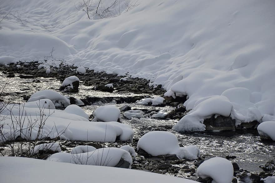 川、雪、氷、水、雪に覆われた、雪が多い、冬、霜、自然、野生、ピラジェラート