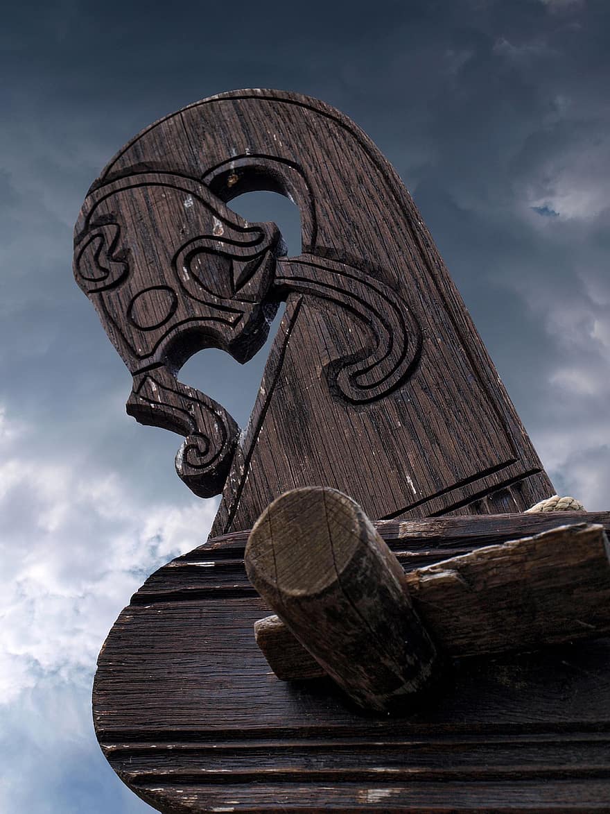 главата на дракона, скулптура, викингите, култура, Дания, дракон, дърво, стар, облак, небе, история