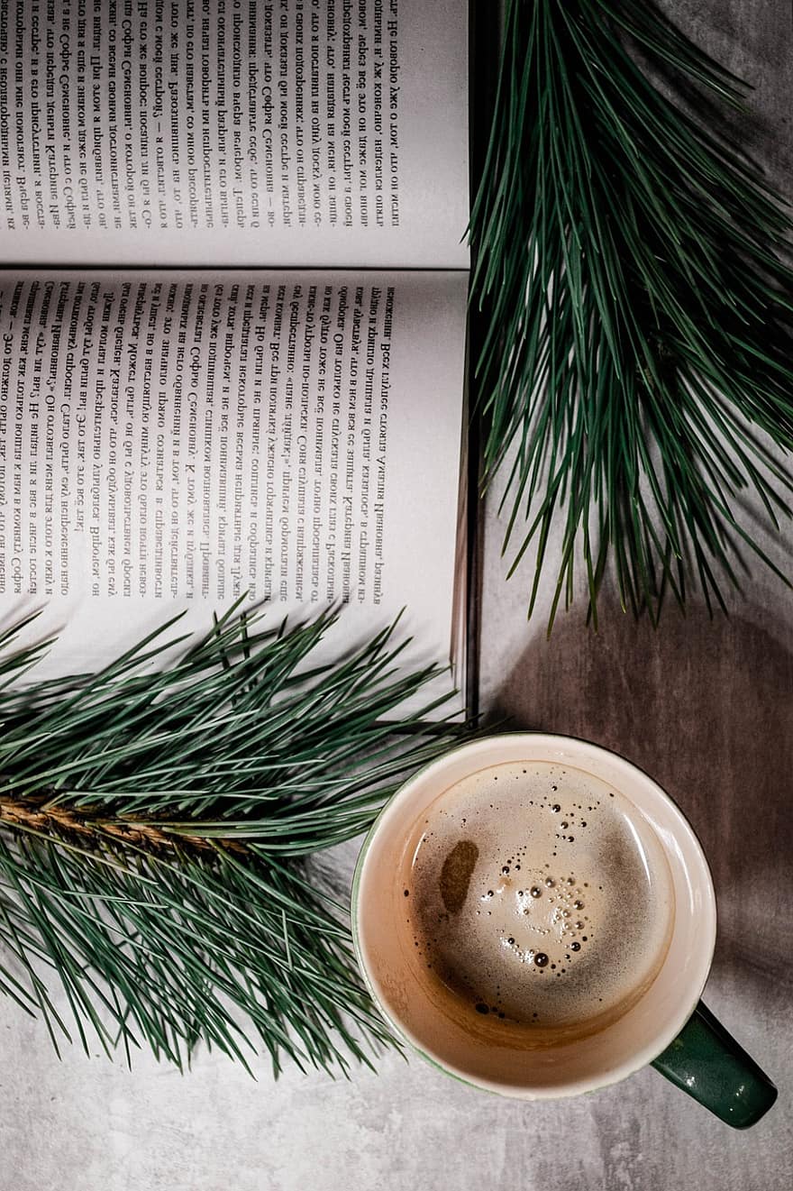 kafija, grāmata, priežu skujas, lasījumā, dzert, karsts dzēriens, zaļas lapas