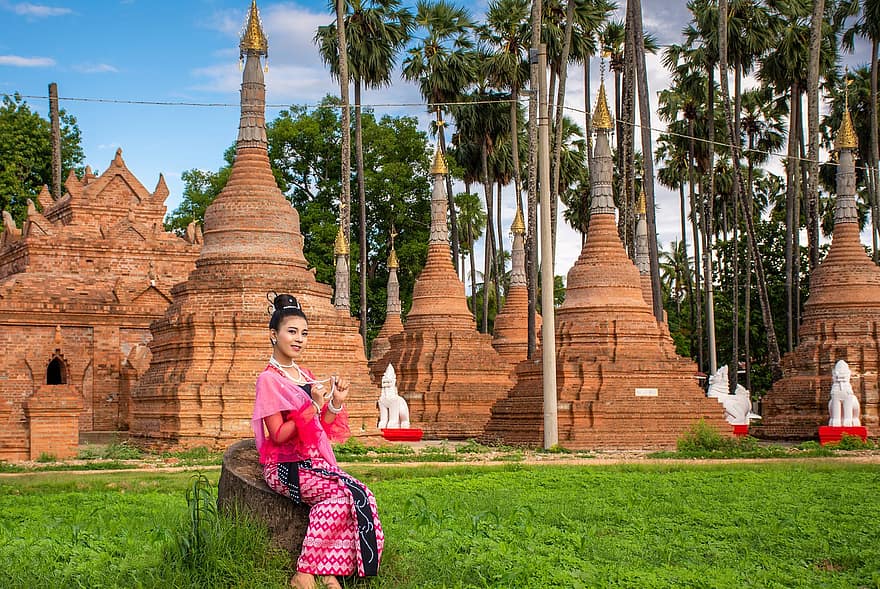 myanmar, kvinna, tempel, pagod
