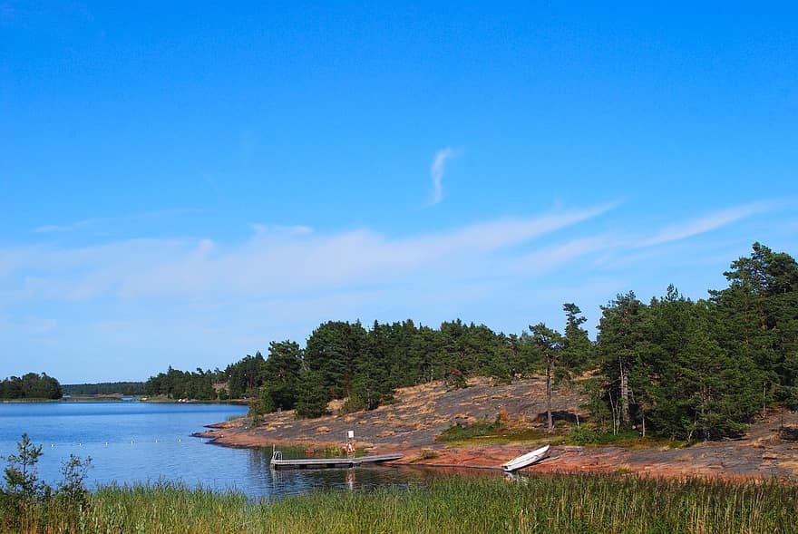 danau, alam, pantai, pohon, dermaga, laut, tenang, musim panas, sebuah daratan, Finlandia, eropa