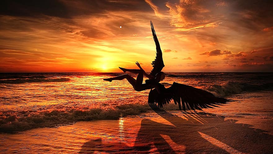 ange, déchue, modèle, silhouette, le coucher du soleil, lever du soleil, paysage marin, plage, tropiques, démon, ailes
