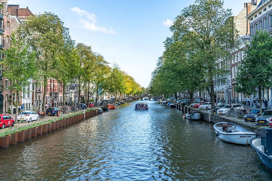 Amszterdam, csatorna, Hollandia, idegenforgalom, épület, városkép, vízi, Európa, híd, építészet